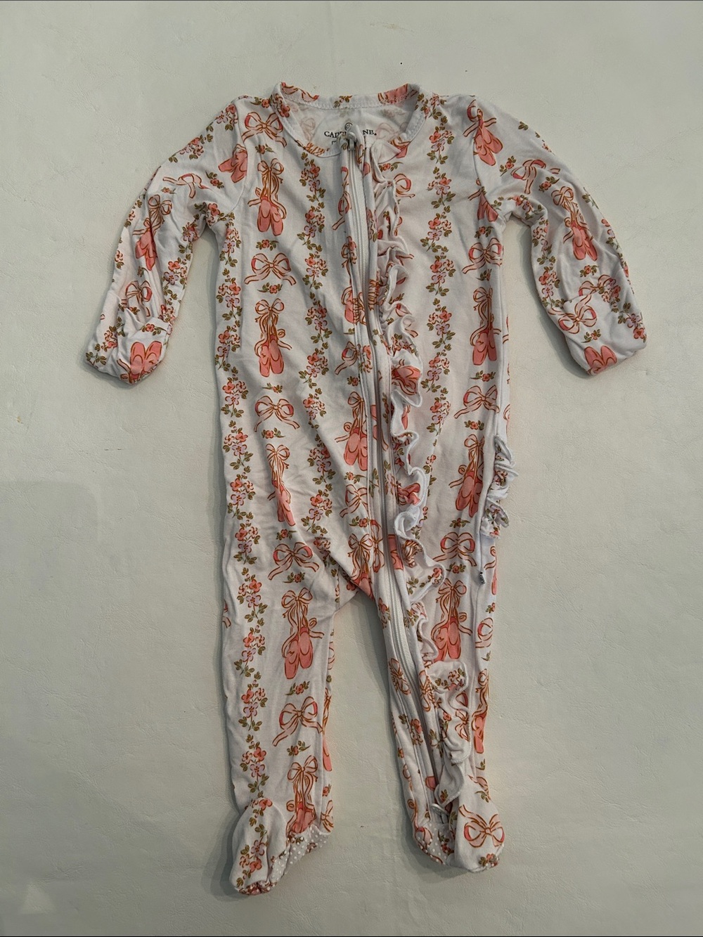 Caden Lane White Footed One-Piece with Pink Ballet Slipper Print